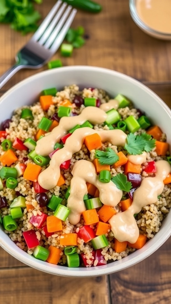 Quinoa Salad with Peanut Sauce A colorful quinoa salad with bell peppers, cucumbers, carrots, and peanut sauce, garnished with cilantro and green onions.